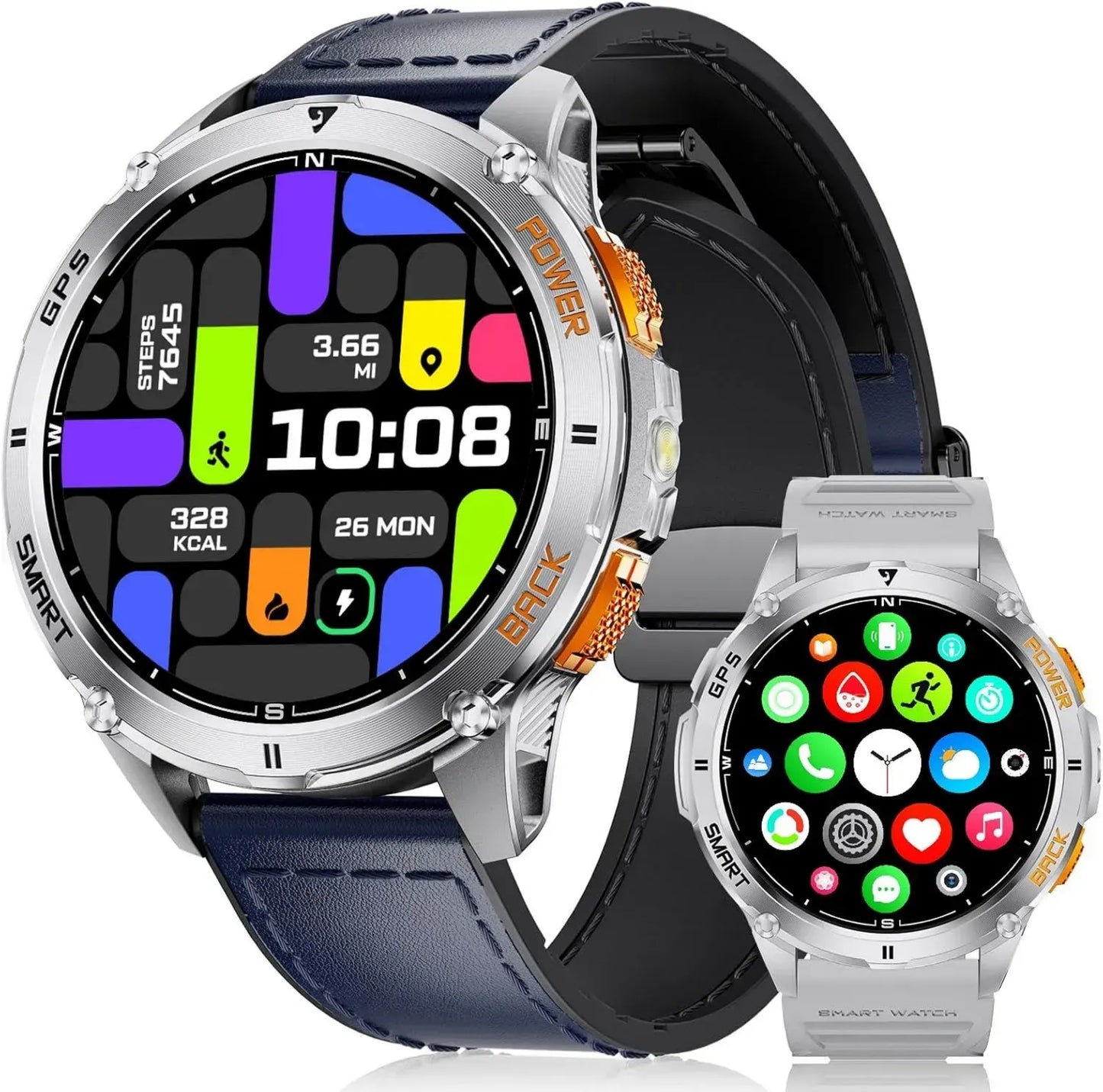 Montre Connectée Homme avec GPS et Écran AMOLED 1,43 Pouces, Compatible Android iOS, Étanche 5ATM, Plus de 300 Cadrans, Fonction Boussole et Altimètre, Plus de 170 Sports, Couleur Bleu Marine