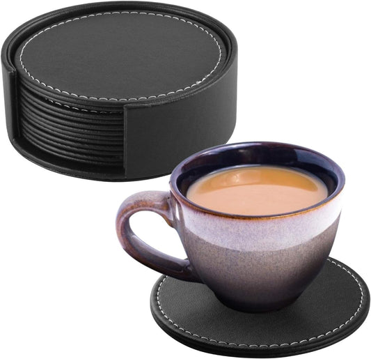Dessous de verre — en cuir PU, Lot de 6, noir