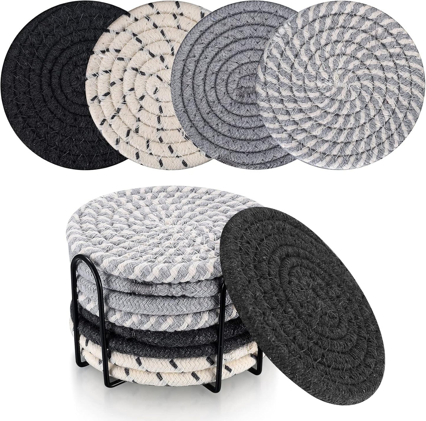 Set de dessous de verre avec support: antidérapant, en coton, Lot de 8, noir