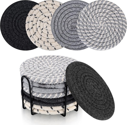 Set de dessous de verre avec support: antidérapant, en coton, Lot de 8, noir