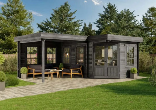 Abri de Jardin en Angle avec Terrasse, Bois de 28 mm, 742 x 302 cm, Gris