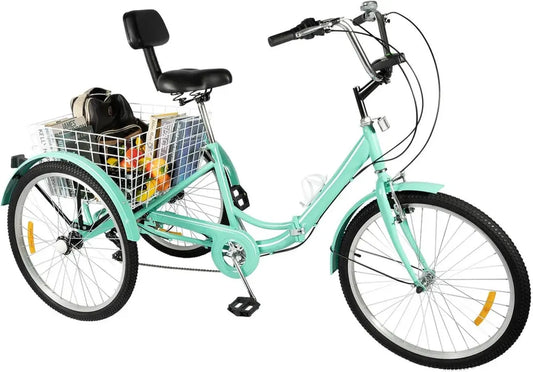 Tricycle adulte pliable 24', 3 roues, 7 vitesses, avec dossier et panier, lumière incluse, charge max 120 kg
